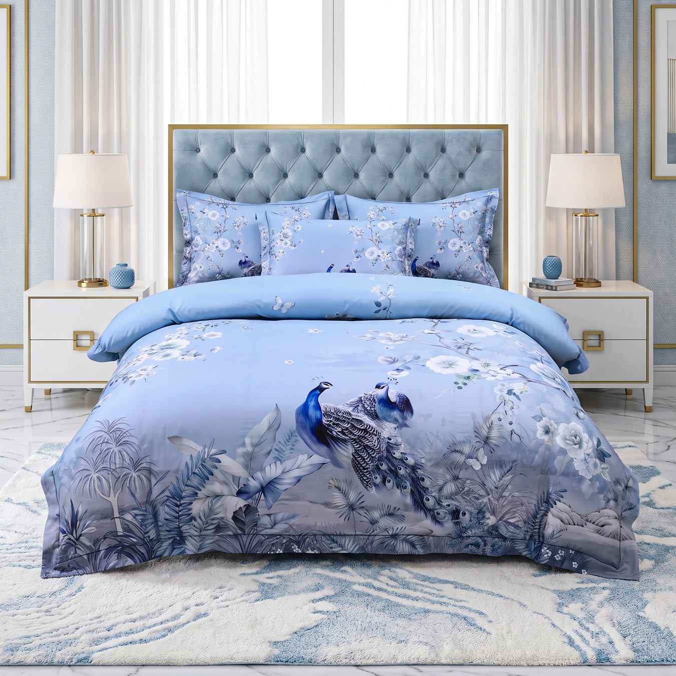 Paon Bettbezug-Set (100 % ägyptische Baumwolle), blaue Vogel-Bettwäsche